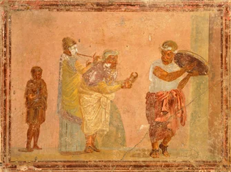 Fresk przedstawiający podróżujących muzyków z Pompei, Kampanii, cywilizacji rzymskiej