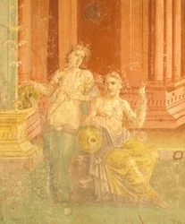 Fresk w czwartym stylu pompejańskim na czerwonym tle, dom Pinario Ceriale, Pompeje, Kampania, cywilizacja rzymska