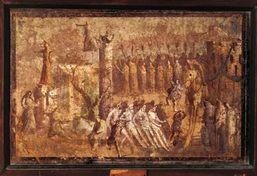 włochy, kampania, pompeje, koń trojański, fresk