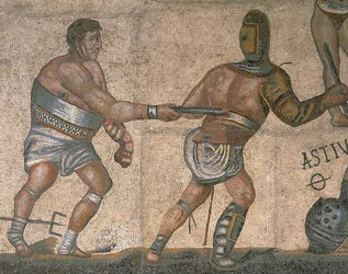 Mozaika ze sceną walki gladiatorów, fragment gladiatora odzianego w zbroję