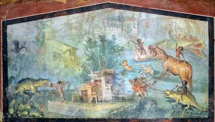 Malowidło na tynku przedstawiające scenę nilotyczną z pigmejami atakującymi krokodyle i hipopotamy, 75x127 cm, z Pompei (Lista Światowego Dziedzictwa UNESCO)