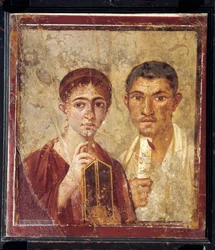 Portret piekarza Terentiusa Neo i jego żony w strojach formalnych z Włoch, Kampanii, Pompejów, 55-79 n.e., obraz na tynku