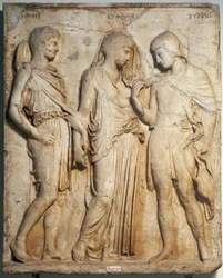 Sztuka rzymska: „Orfeusz, Eurydyka i Hermes”. Marmurowa płaskorzeźba według greckiego oryginału. Neapol, Museo Archeologico Nazionale