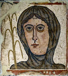 Sztuka rzymska: alegoria zimy jako kobiety noszącej welon. Mozaika z V wieku. Z Quintana del Marco (Leon) Hiszpania Madryt, Narodowe Muzeum Archeologiczne