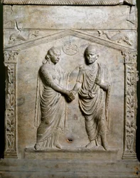 Sztuka rzymska: ołtarz grobowy ozdobiony sceną zaślubin (Junctio dextrarum). Płaskorzeźba. Rzym, Museo Nazionale Romano