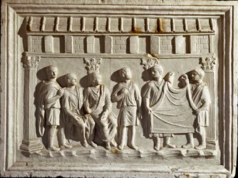 Sztuka rzymska: płaskorzeźba przedstawiająca tkaninę i gobeliny. Z oryginału z II wieku n.e. Rzym Museo della Civilta Romana