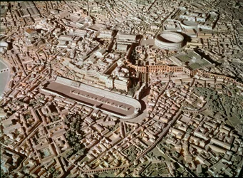 Sztuka rzymska: model przedstawiający miasto Rzym w czasach starożytnych. W centrum Circus Maximus lub Grand Circus rezerwy na wyścigi czołgów. Rzym, Museo della Civilta romana - Sztuka rzymska. Circus Maximus i Mury Etruskie. Detal z modelu rekonstrukcji