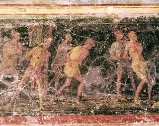 Sztuka rzymska: niewolnicy, detal fresku na fryzie sali C, Villa Farnesina, Rzym, Museo Nazionale Romano