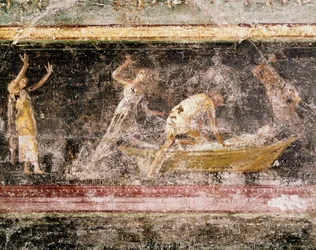 Sztuka rzymska: wyrok na Bakenranefa (Bocchorisa), króla Egiptu - detal fresku na fryzie sali C w Villa Farnesina (Sztuka rzymska: sąd nad królem Bocchorisem, z fryzu sali C w Villa Farnesina), Rzym, Museo Nazionale Romano