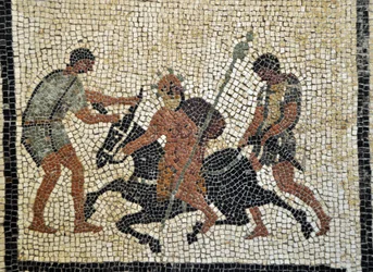 Pijany Sylen: Pijany Sylen jedzie na ośle trzymanym przez dwóch służących. Mozaika z Pompejów, dom Paquiusa Proculusa lub C. Cuspiusa Pansy. Narodowe Muzeum Archeologiczne w Neapolu, Włochy. Fotografia Patrice Cartier.