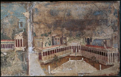 Fresk w trzecim stylu przedstawiający krajobraz architektoniczny, fragment ganku kolumnadowego, z Pompei