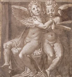 Śpiew dwóch siedzących aniołów, według Polidoro da Caravaggio (pióro i brązowy atramentowy brąz z białym na szaro-niebieskim papierze)