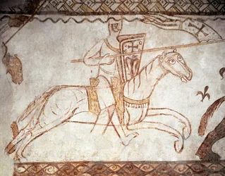 Krucjata: Rycerz Zakonu Templariuszy. Sztuka romańska. fresk kaplicy Cressac (Cressac-Saint-Genis en Charente)