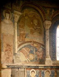Sztuka romańska: Obraz przedstawiający męczennika św. Wawrzyńca (1103-1130). Fresk. Kaplica Chateau des Moines, Berze la Ville (Berze-la-Ville w Saonie i Loirze, Burgundia), Francja.