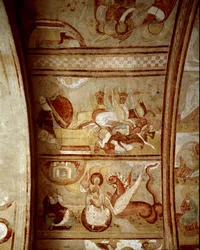 Sztuka romańska: wnętrze opactwa Saint-Savin-sur-Gartempe (Saint Savin sur Gartempe) w Wiedniu (Francja), założonego przez Karola Wielkiego (1060-1115) Malowidło ścienne na suficie około 1100 r. Fresk.