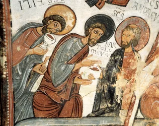 Sztuka romańska: „Apostołowie Filip, Barthelemy i Andre” Fresk głosowania Cene, kościół św. Izydora XII w. Real Colegiata of San Isidoro, Leon