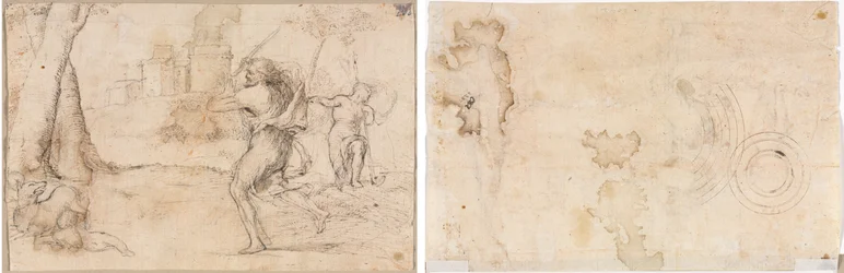 Romulus i Remus znalezione przez Faustulus (po prawej) Koncentryczne kręgi (verso)