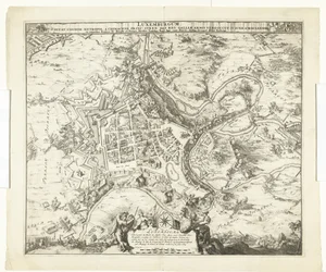 Bombardowanie furgonetki Luxemburg door de maarschalk de Créquy, 1684 Luksemburg, ołów. nazwisko metropolia książę chimacens napięcie pok. reg. Ale zajęły go ramiona Galii. 4 czerwca Ao. 8834 (tytuł na obiekcie)