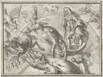 Karykatura przedstawiająca Ludwika XIV jako Apolla w jego rydwanie, 1701