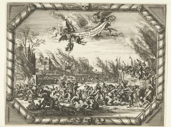 Francuskie okrucieństwa w Bodegraven i Zwammerdam, 1672 Spiegel der France Tirannye w Hollantsche Dorpen (tytuł na obiekcie)
