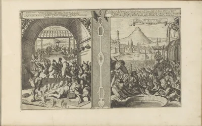 Chief Smith z Wirginianami; Królewska Uczta w Pegu Virginiaense Ceremonien / Ceremonies de Virginie // Uroczystości królewskie do Pegu (tytuł na obiekcie) Les Indes Orientales et Occidentales et autres lieux (tytuł serii)