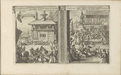 Koophandel japoński; Hof van de koning van de Calaminhans Koophandel japoński / Handel Japonii // Calaminhans Eer Pracht / Wspaniałość króla Calaminhana w Indiach Wschodnich (tytuł na obiekcie) Indie Wschodnie i Zachodnie oraz inne miejsca (seria