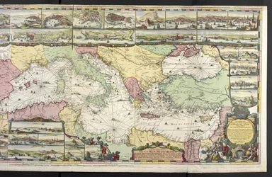 Mapa Morza Śródziemnego z alegorycznymi postaciami i potworami morskimi zdobiącymi wstawki, z „The French Neptune and Atlas Maritime and Suite du Neptune François”, autorstwa Charlesa Pene i Pietera Mortiera