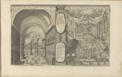 meczet turecki w Konstantynopolu; Keizerlijkhof w Chinach Turksche drwi van binnen / Wnętrze meczetu S. Sophia w Konstantynopolu // Chineese Hof Pomp / Wspaniałość dworu emp. z Chin. (tytuł na obiekcie) Indie Wschodnie i O