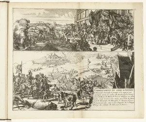 Dwa przedstawienia oblężenia Antwerpii przez księcia Parmy, 1584-1585 Commencement du siege d