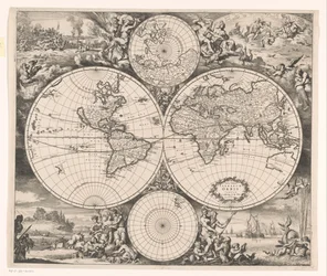Mapa świata z alegorią czterech żywiołów. Nova totius terrarum orbis tabula (tytuł na obiekcie)