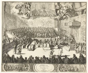 Zitting van het Lagerhuis met koningin Anna op de troon, 1702 Anna, D.G. Królowa Wielkiej Brytanii, a także wielcy książęta Anglii wyznani (tytuł na obiekcie)