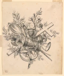 Rysunek, trofeum z symbolami cnót, 1830-1850
