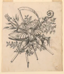 Rysunek, trofeum ze skrzydlatą klepsydrą, 1830-1850