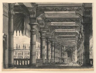 Scenografia, loggia z fontanną w orientalnym pałacu