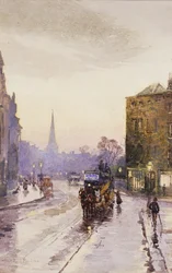 Złapanie tramwaju na Nassau Street w Dublinie,
