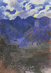 Świt wiosny w San Fruttuoso, Rubaldo Merello (1872-1922), olej na płótnie, 98x69 cm. Włochy, XX wiek.