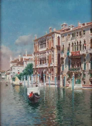 Gondola przed Palazzo Cavalli-Franchetti i Palazzi Barboro, Wenecja (olej na płótnie)
