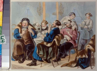 Herbata i cukier. Picie herbaty w karczmie pod Żukowskim, Rudolf Kasimirowicz (1814-1886), I ćw. XIX w. - Litografia, akwarela - Państwowe Muzeum Historyczne, Moskwa