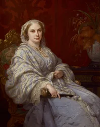 Portret Louisy, żony Algernona, 6. księcia Northumberland, długości trzech czwartych, ubrana w niebieską sukienkę i szal w niebiesko-białe paski