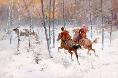 Polowanie na łosia - Polowanie na łosia by Frenz, Rudolf Ferdinandovich (1831-1918), - Akwarela, Gwasz na papierze, 39,5x60 - Kolekcja prywatna