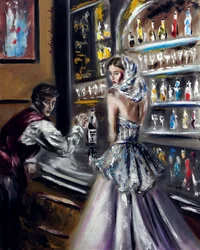 Zasłonięta kobieta przy barze, 2022 (olej na płótnie)
