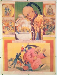 Komiks rosyjski plakat satyryczny na Europejczyków w Chinach, wydrukowany w Moskwie, Rosja, 1900