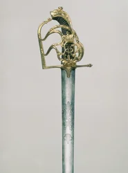 Miecz oficerski grawerowany z dwugłowym orłem z postacią św. Jerzego pod Koroną Cesarską, rękojeść zdobiona monogramem Katarzyny II 1729-96), Rosja, XVIII w. (stal, brąz