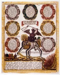 Rosyjski schematyczny Ilustracja „Siedmiu grzechów głównych”. Układ religijny c.1850 (grawerowanie)