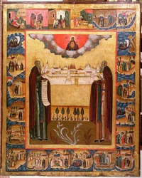 Święci Zosimus i Sabbateusz z Sołowiecka ze scenami z ich życia, XVIII w. (tempera na desce)