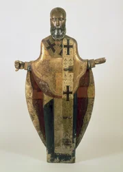 Posąg św. Mikołaja z Możajska, ros., kon. XVI w. (drewno, brokat ozdobny, zaprawa murarska, tempera)