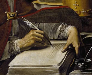 Ręce, pisanie gęsim piórem, fragment św. Ambrożego, Rutilio Manetti (1571-1639), olej na płótnie, 67x89 cm