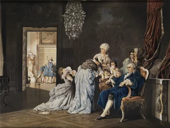 Ostatnie godziny francuskiej rodziny królewskiej (Ludwika XVI i Marii Antoniny) w Luwrze przed wdarciem się rewolucjonistów. Akwarela/gwasz na tekturze. 38x51 cm. Monogram „SG” i data „1877” w prawym dolnym rogu