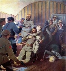 Egzekucja cara Mikołaja II (1868-1918) i jego rodziny w Jekaterynburgu, 17 lipca 1918, z «Historii Sowietów» H. de Weindela, 1923-24