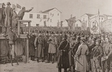 Policja ochraniająca reportera rządowego na „spotkaniu dotyczącym planu kampanii”, z „The Illustrated London News”, 8 stycznia 1887 r. (rycina)